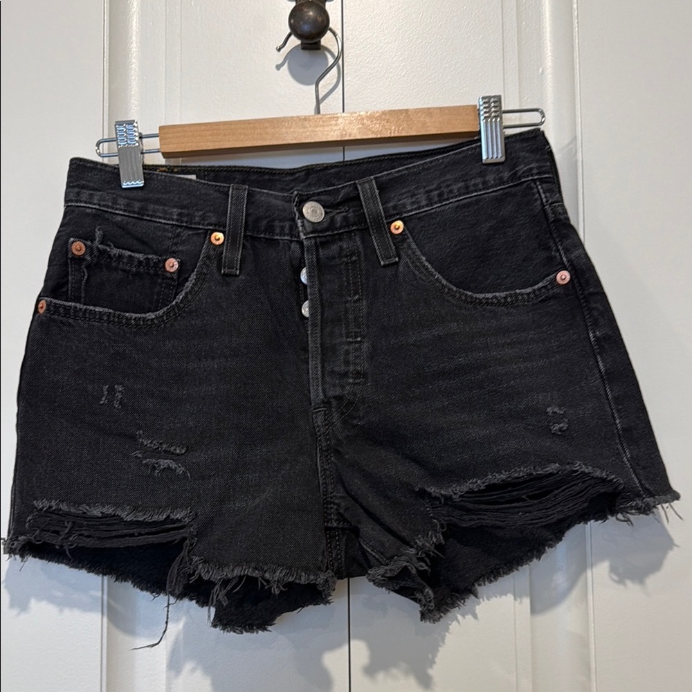 High-Rise Black Distressed Denim Shorts